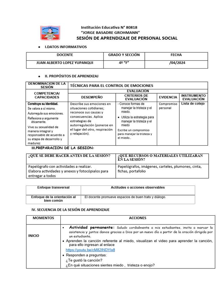 Control de Emociones en 4º Grado | PDF | Las emociones | Evaluación