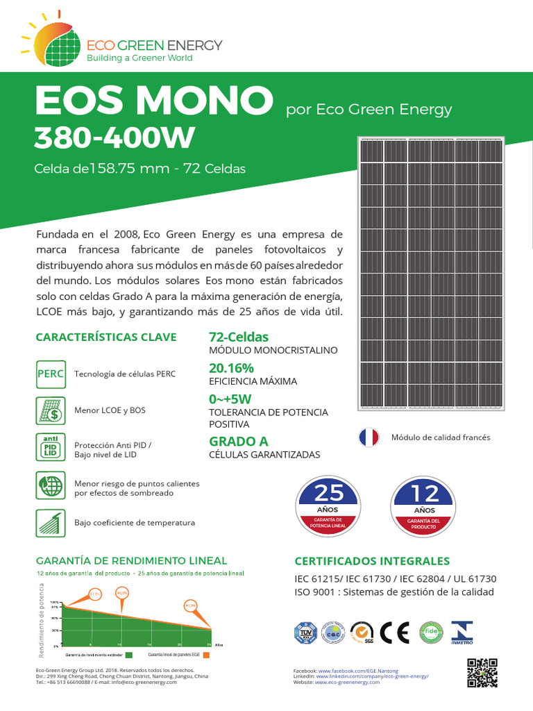 EOS 380 400M 72 MONO 5BB Spanish | PDF | Panel solar | Fotovoltaica