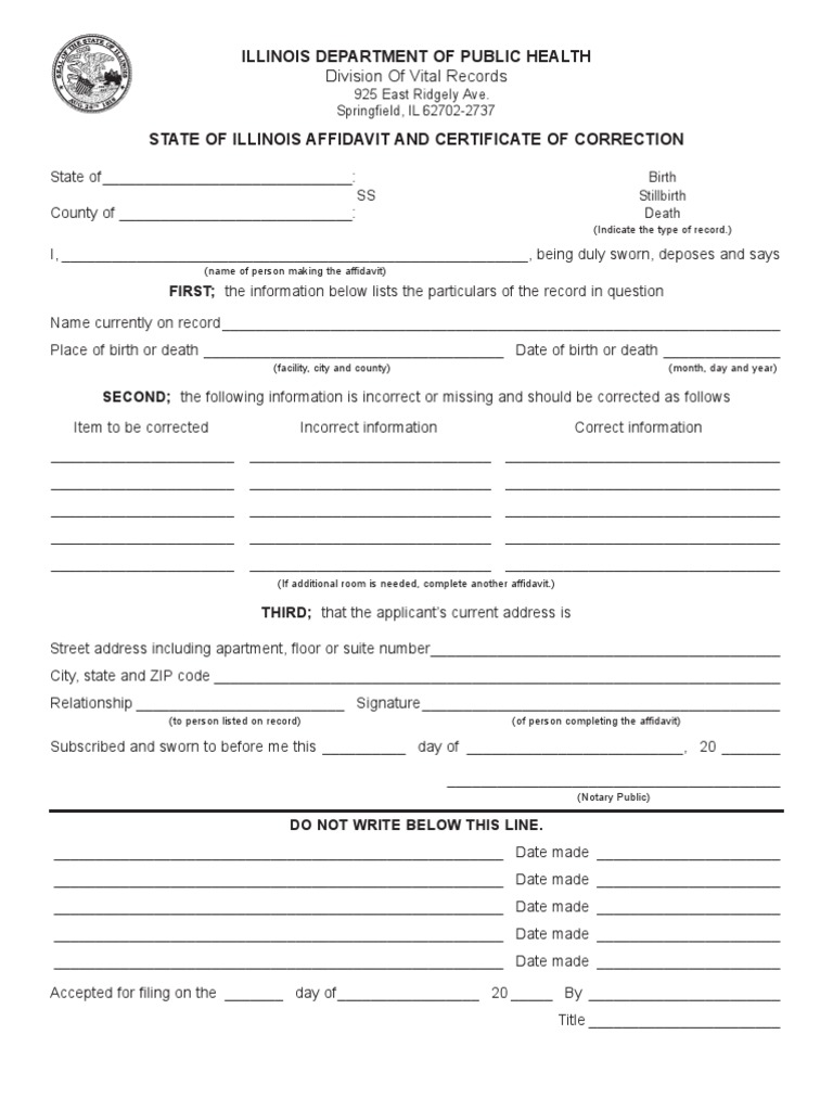 Affidavit Cert Correction Notary Public Government Information