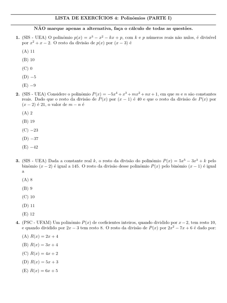 Lista de Exercícios 4 - Polinômios | Download grátis PDF | Matemática ...