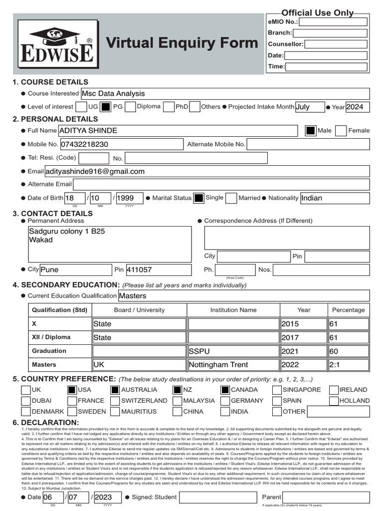Virtual Enquiry Form-Fillable PDF | Download Free PDF | Travel Visa ...