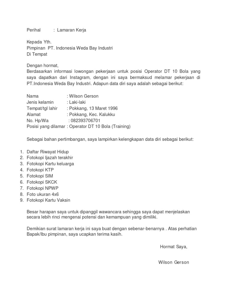 Lamaran Kerja Operator DT 10 Bola IWIP | PDF