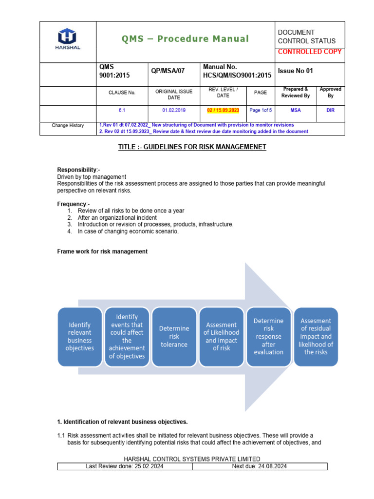 Risk Management Guidelines QMS 9001:2015 | PDF | Risk | Risk Assessment