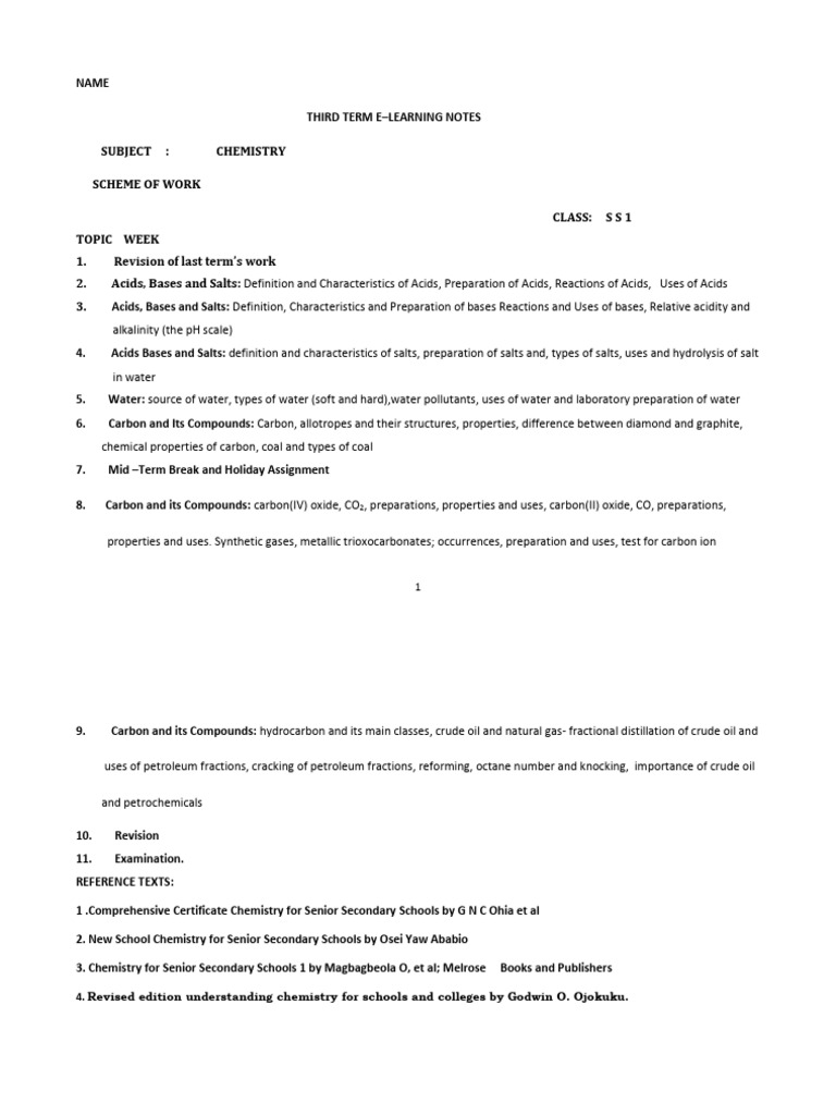 SS1 Chemistry Third Term Scheme | PDF | Ph | Acid