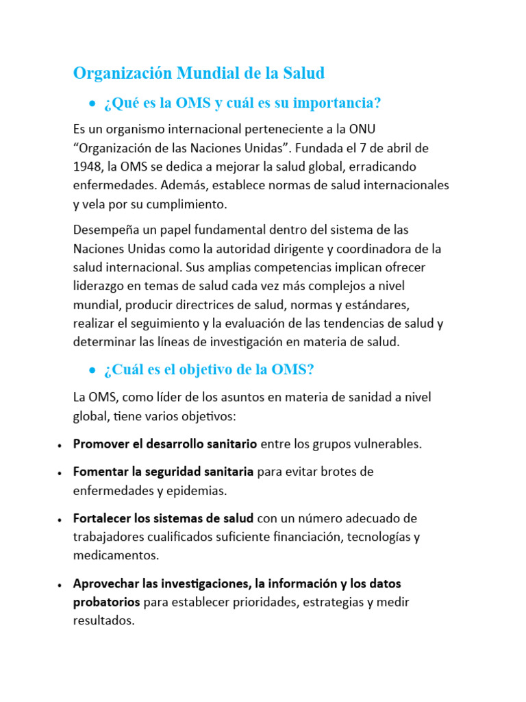 Funciones y Objetivos de la OMS | PDF | Organización Mundial de la ...