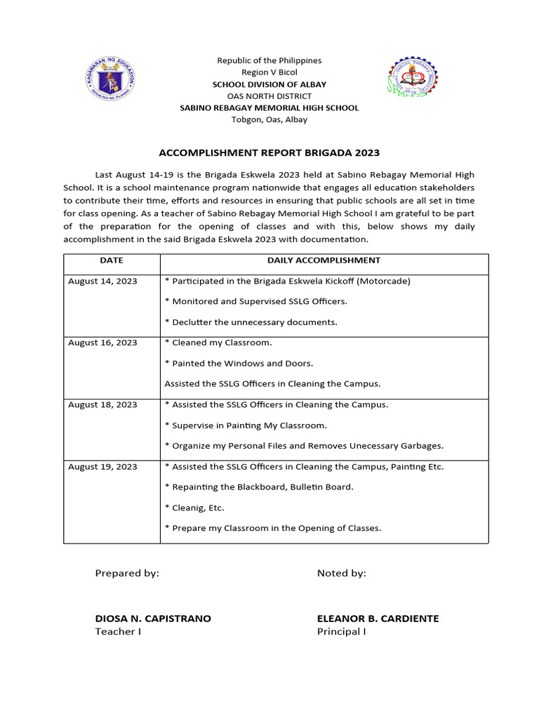 Brigada Eskwela 2023 Accomplishment Report | PDF