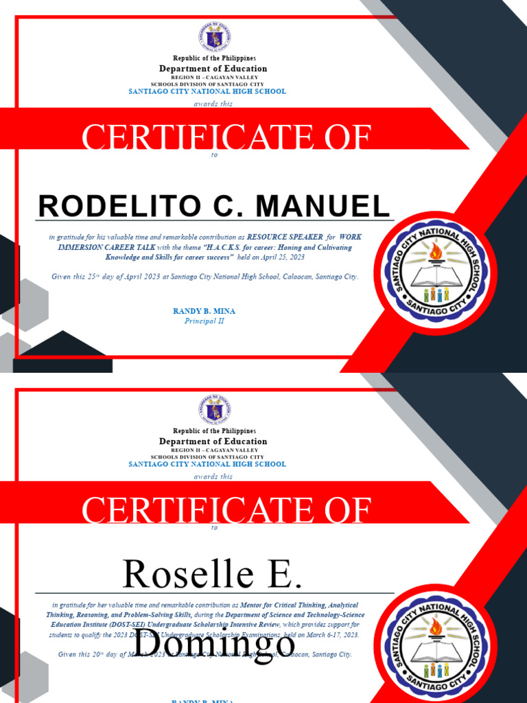 Santiago City High School Mentorship Certificates | PDF | Cognitive ...