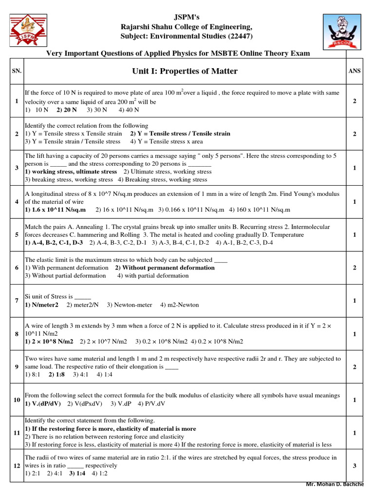 Applied Physics MCQs for MSBTE Exam | PDF | Photoelectric Effect ...