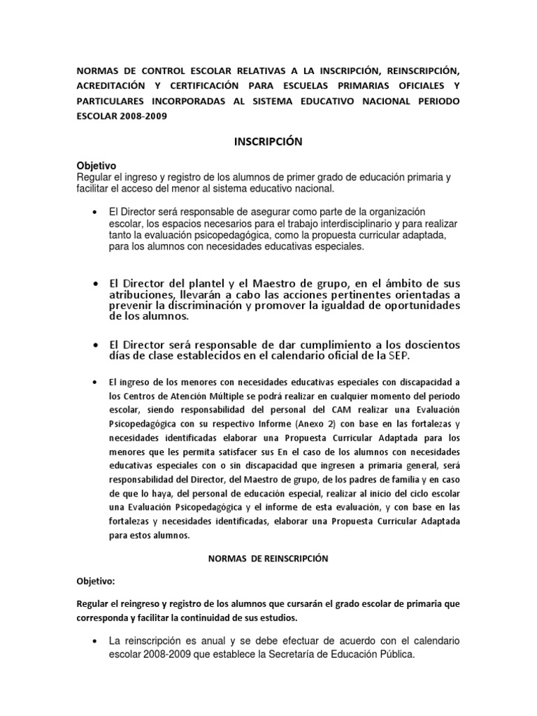 NORMAS DE CONTROL ESCOLAR RELATIVAS A LA INSCRIPCIÓN