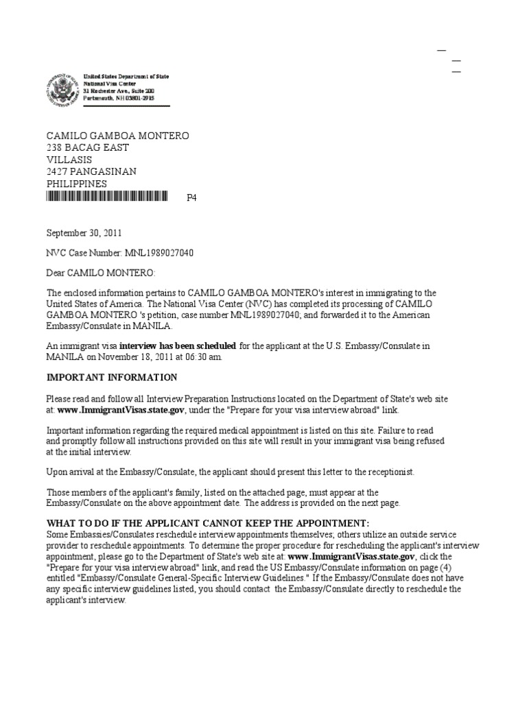 NVC Immigrant Visa Interview Letter | PDF | Travel Visa | Identity Document