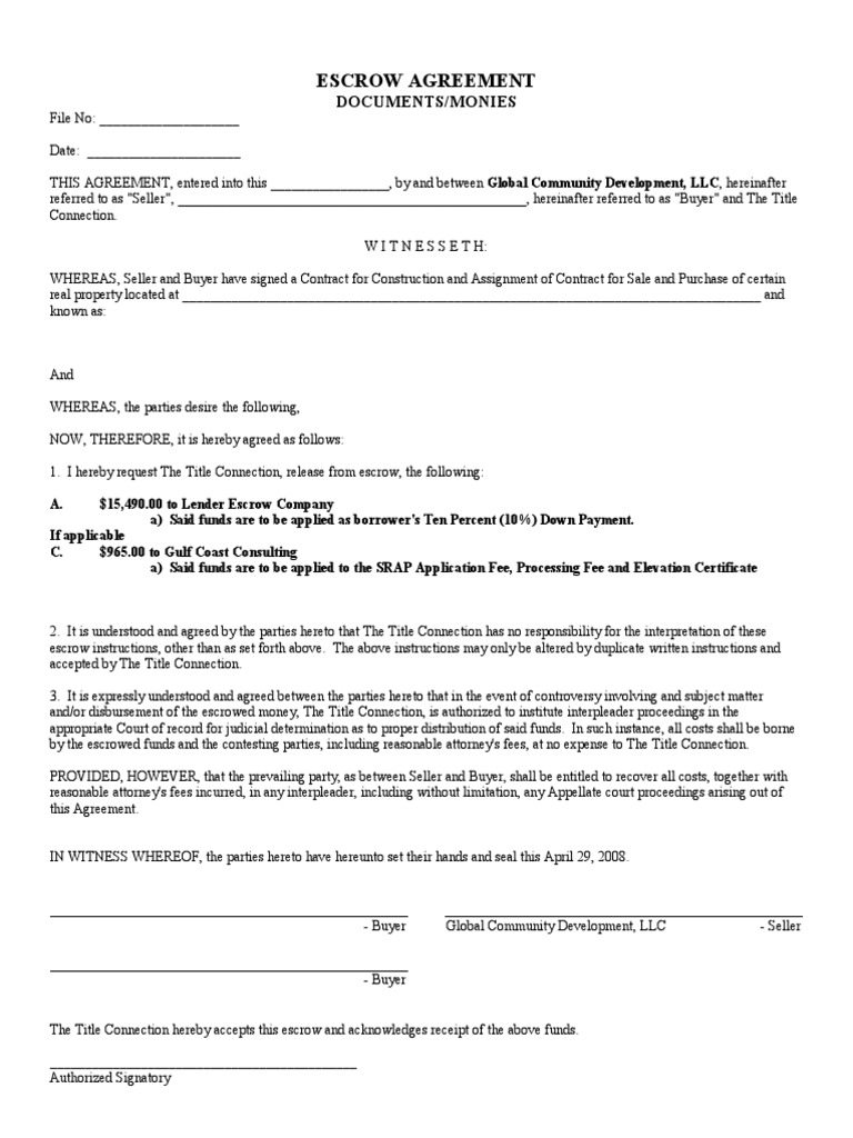 Escrow Agreement Documents/Monies Sales Attorney's Fee Free 30