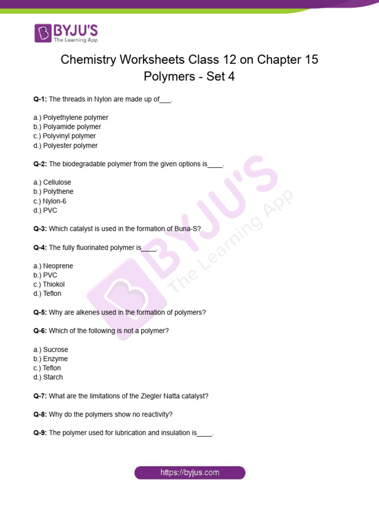 Polymers Worksheet Questions Set 4 PDF