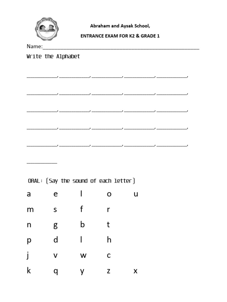 K2 & Grade 1 Entrance Exam Form | PDF