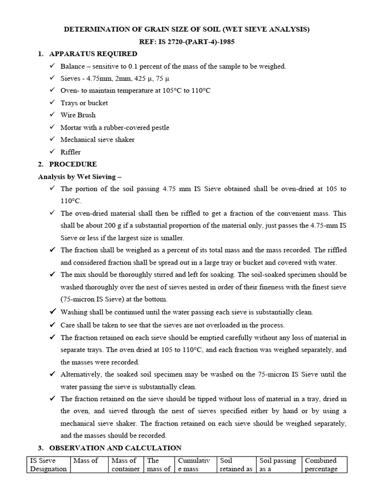 4.0 Test Procedure Grain Size Wet Sieve Analysis PDF Applied And