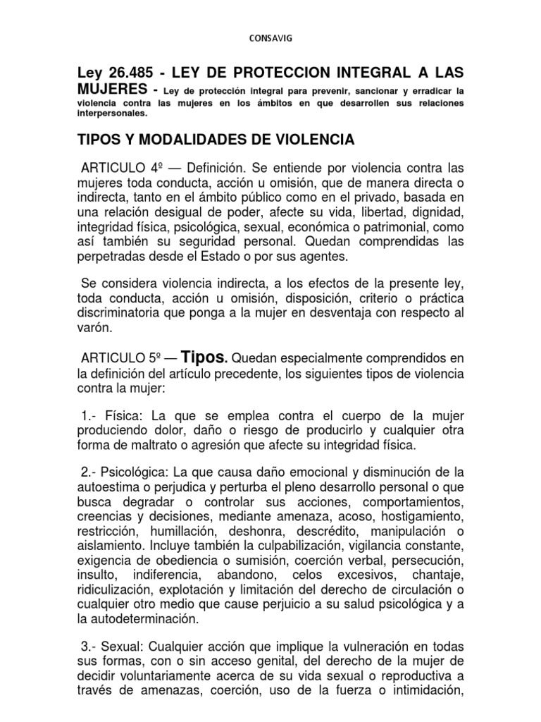 Ley 26.485 Ley De Proteccion Integral