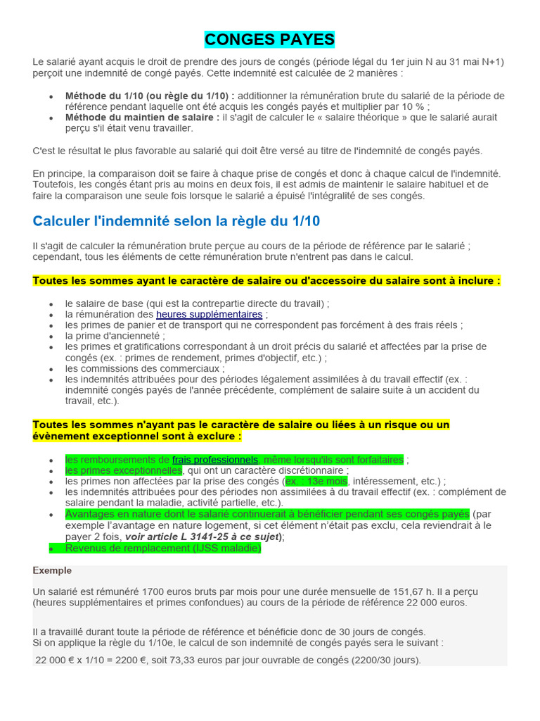 Calcul Des Indemnit s De Cong s Pay s PDF Salaires Cong Annuel