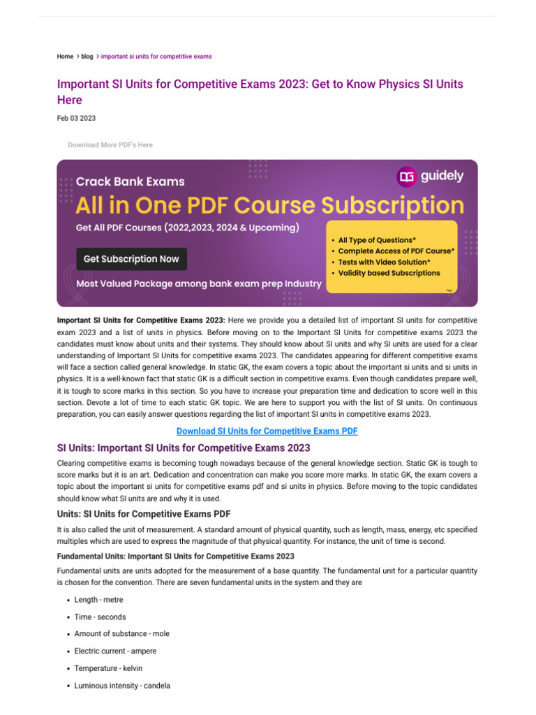 Key SI Units for Competitive Exams | PDF | International System Of ...