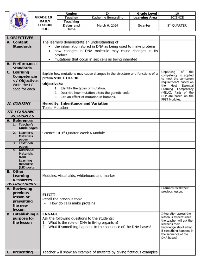 Mutation Lesson Plan for Grade 10 | PDF | Point Mutation | Mutation