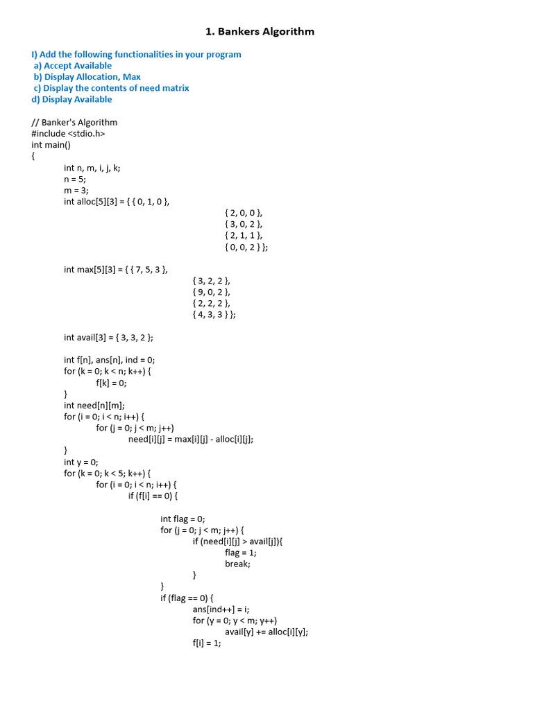 Banker's Algorithm Implementation in C | PDF | Computer Engineering ...