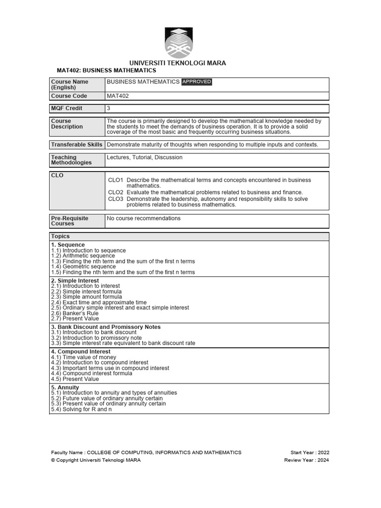Mat402 Business Mathematics Co | PDF | Present Value | Interest