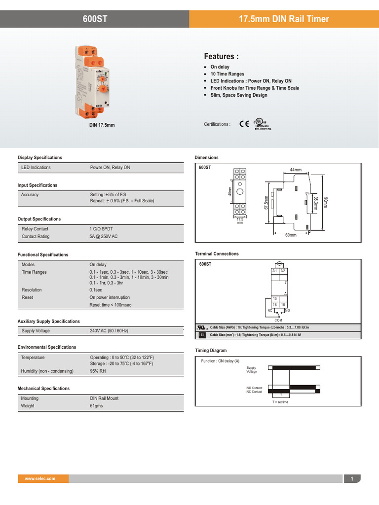 600ST DIN Rail Timer Datasheet | PDF | Relay | Electrical Engineering