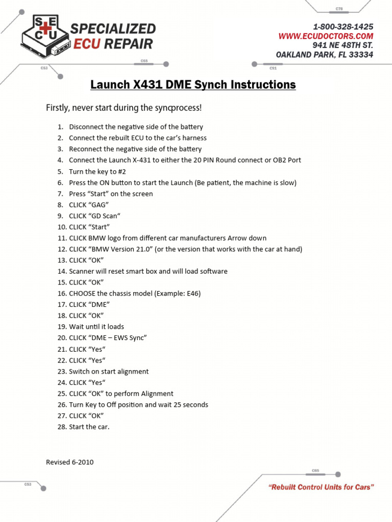 Launch X431 BMW DME EWS Synch Instructions | PDF