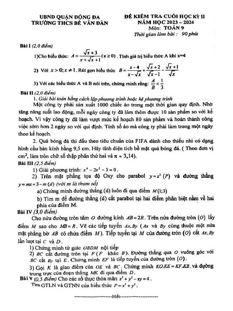 De Cuoi Hoc Ky 2 Toan 9 Nam 2023 2024 Truong Thcs Be Van Dan Ha Noi | PDF