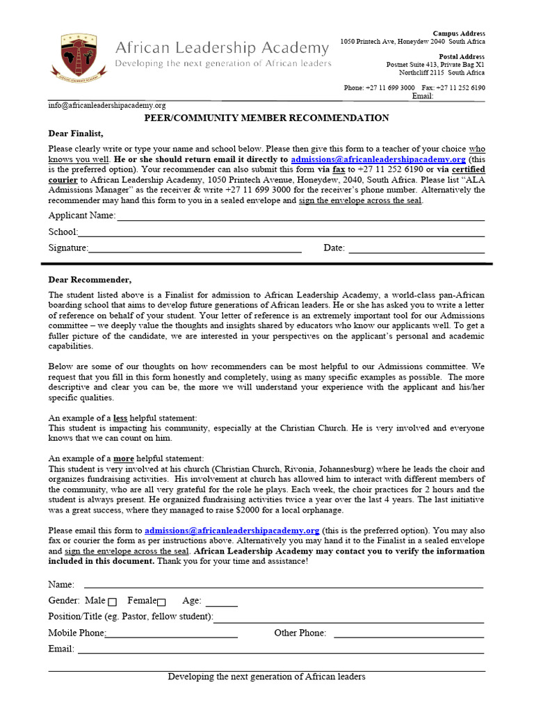 ALA Admissions Recommendation Form | PDF