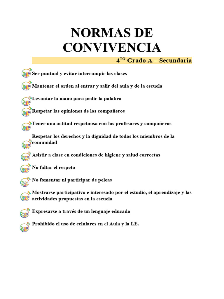 Normas de Convivencia 4to Grado A | PDF | Salud y bienestar