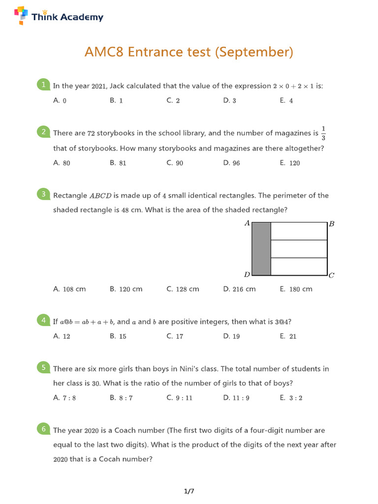 AMC8 Entrance test (September) (学生版) | PDF