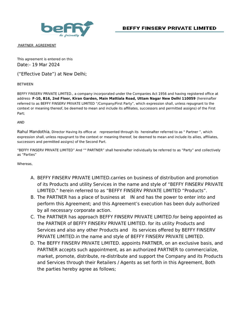 Beffy Finserv Partner Agreement 2024 | PDF | Indemnity | Arbitration
