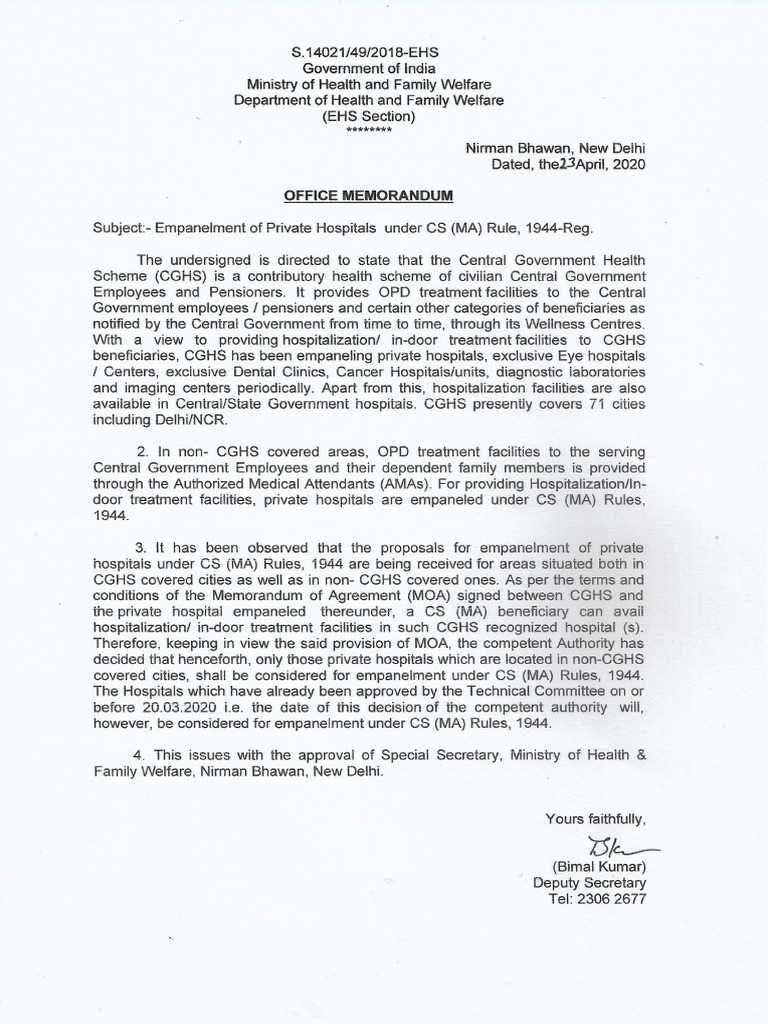 Empanelment of Private Hospitals under CS (MA) rules PDF