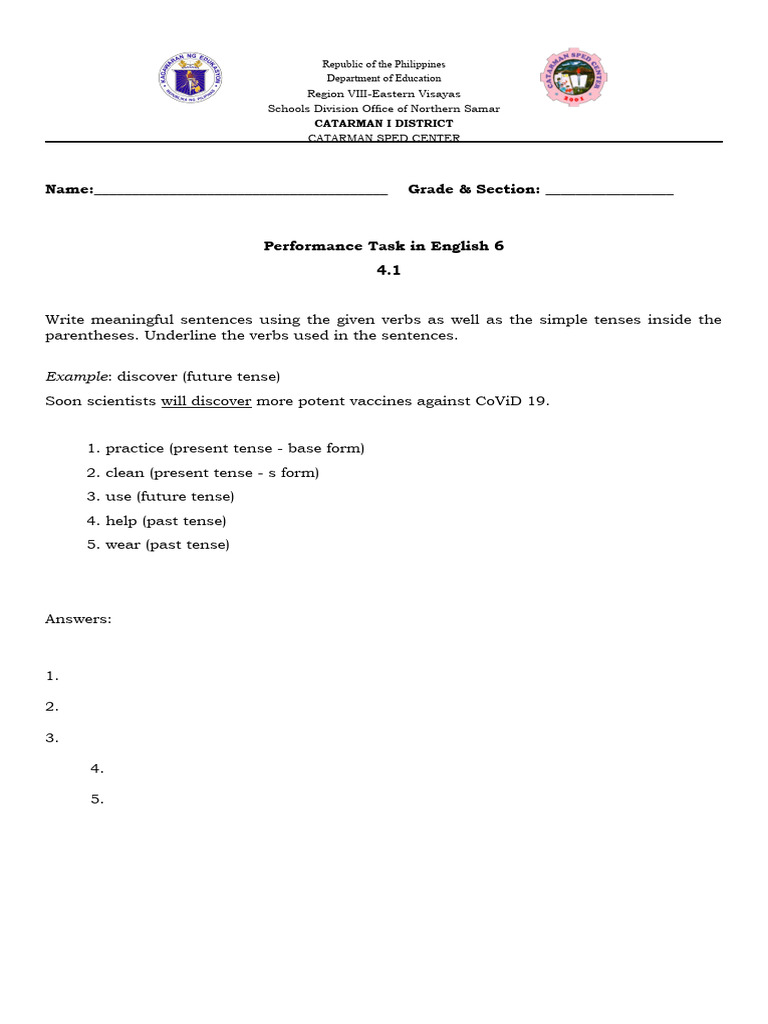 English 6 Performance Task: Verb Tenses | PDF
