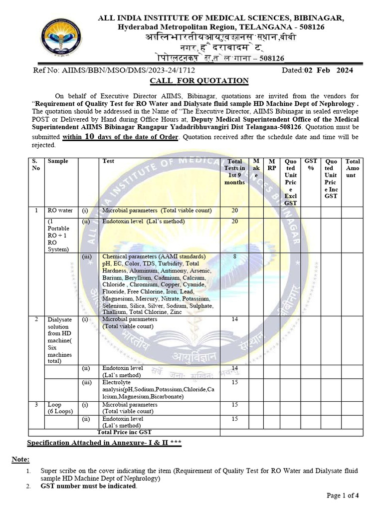 Quotation for RO Water Testing at AIIMS | PDF | Chlorine | Sodium