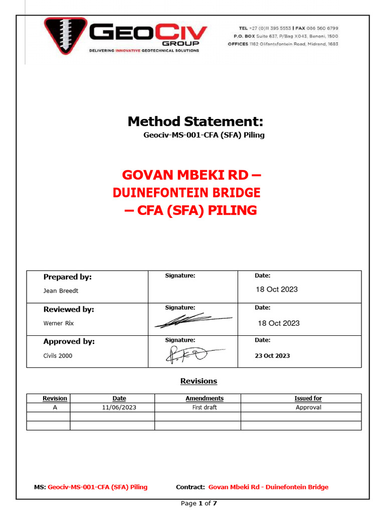 CFA Piling Method Statement for Bridge | PDF | Deep Foundation ...