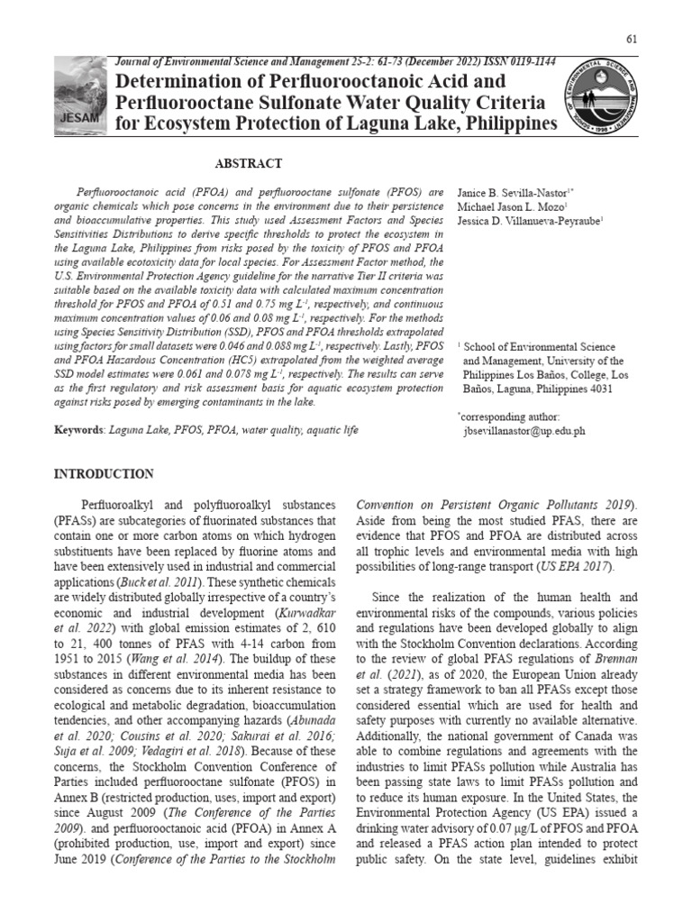 PFOS and PFOA Water Quality Criteria for Laguna Lake | PDF | Toxicity ...