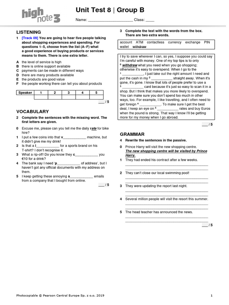High Note 3 Unit 8 Test - Group B | PDF | Cash