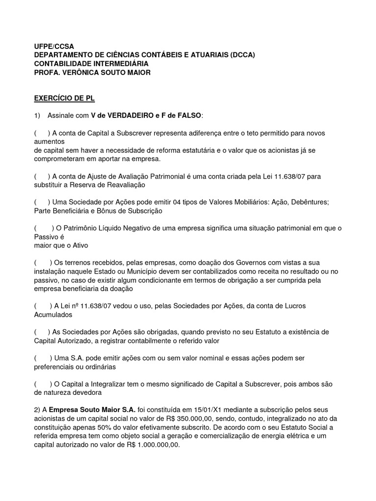 Exercícios Sobre PL Final e Revisado | PDF | Capital próprio (finanças ...