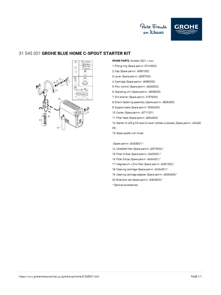 GROHE Blue Home C-Spout Parts List | PDF
