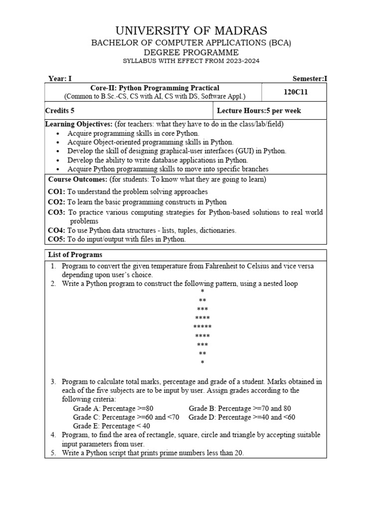 BCA Python Programming Syllabus 2023-24 | PDF | Python (Programming ...