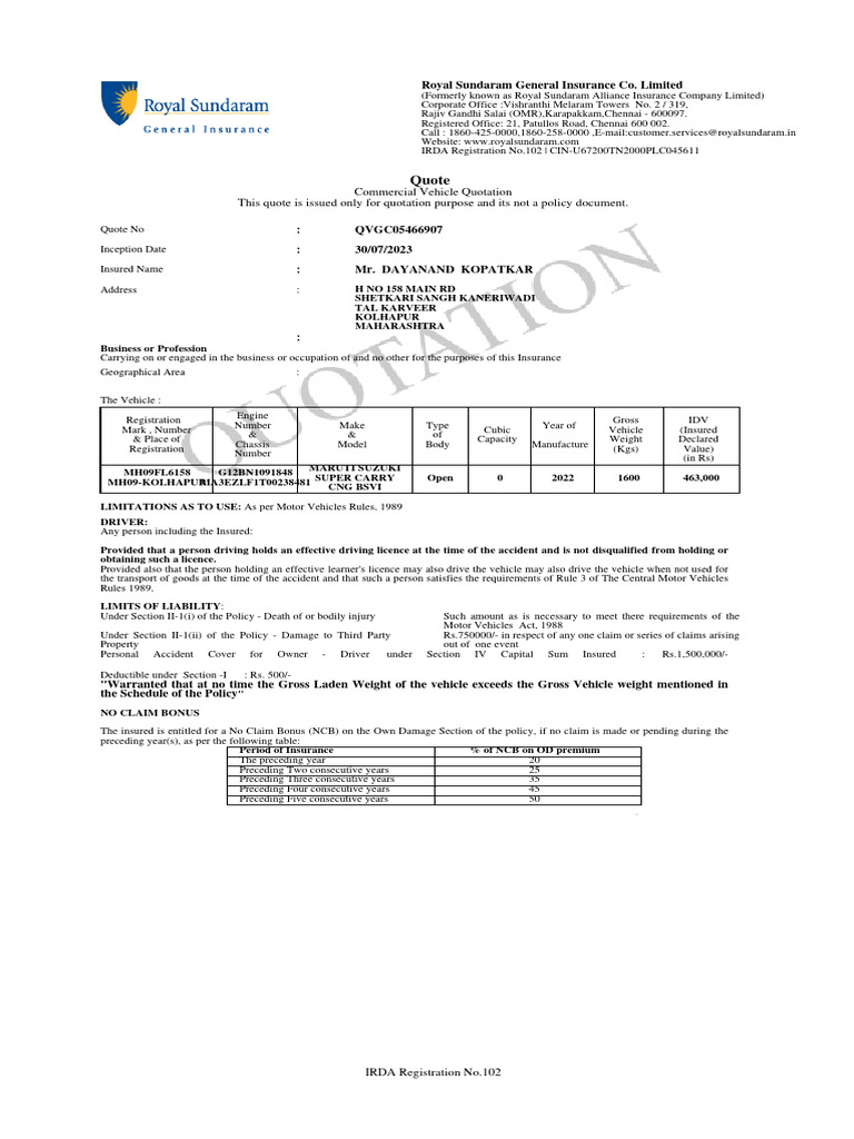 Royal Sundaram Motor Insurance Quote | PDF | Insurance | Deductible