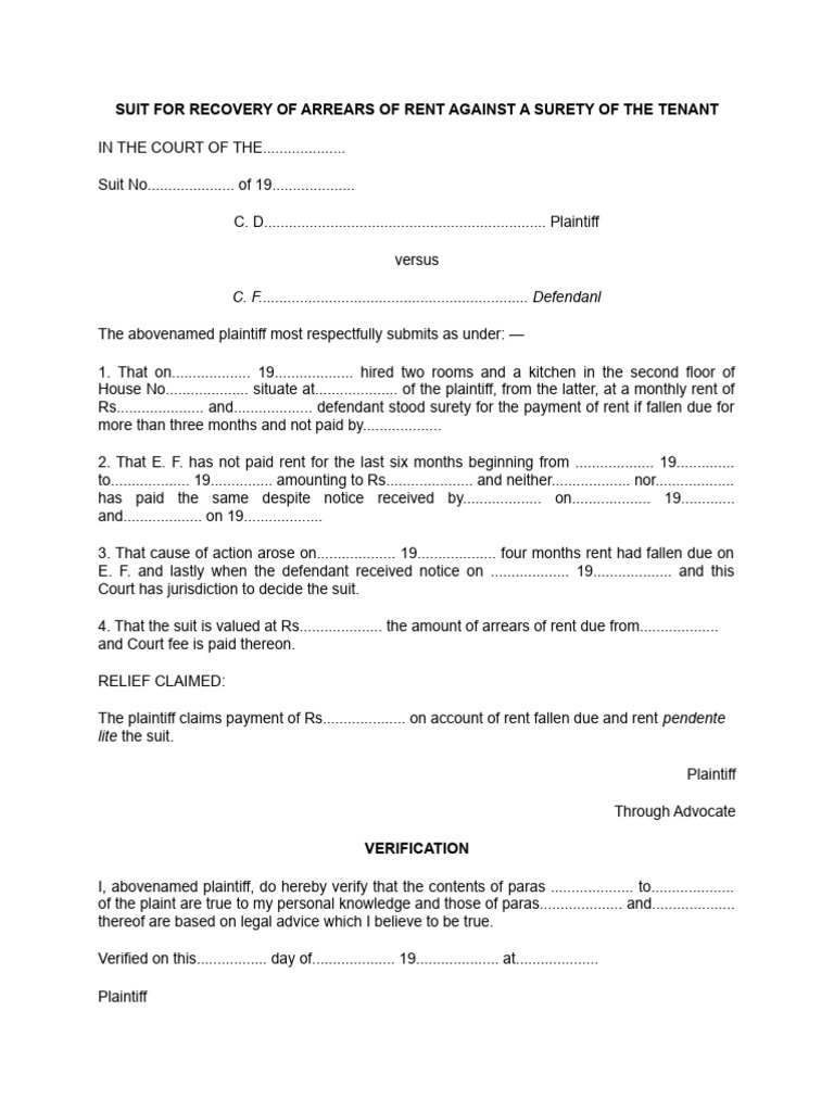 Suit For Recovery of Arrears of Rent Against A Surety of The Tenant ...