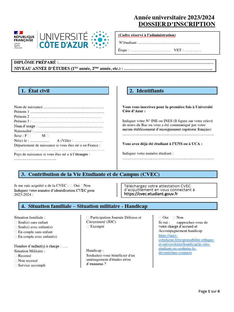 Dossier d'inscription UCA 2023/2024 | PDF | Doctorat | Enseignement médical