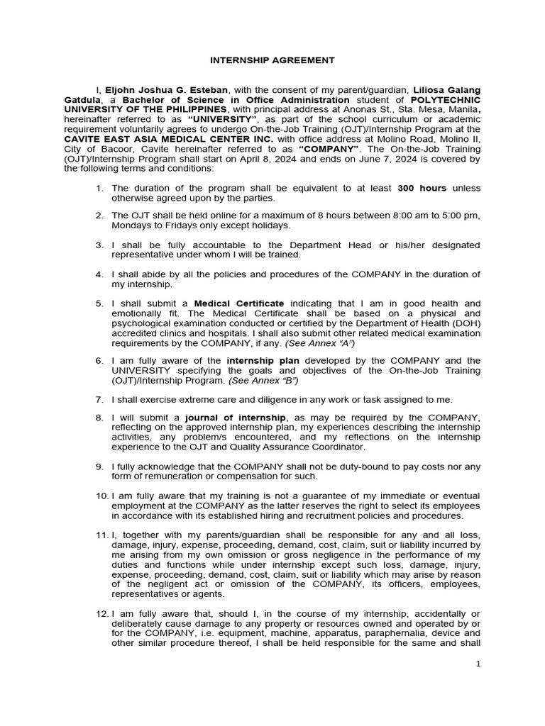 PUP-Internship-Agreement - 2024 (E) | PDF | Legal Liability | Negligence