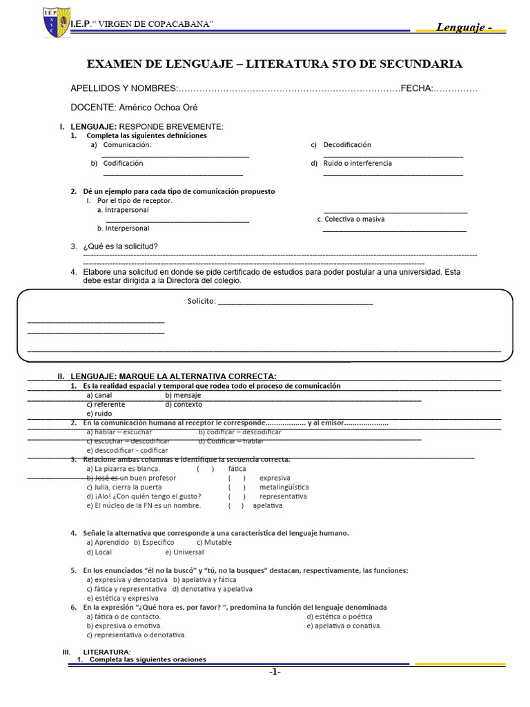 Examen de Lenguaje y Literatura - 5to Año - I TRIM | PDF | Tragedia ...