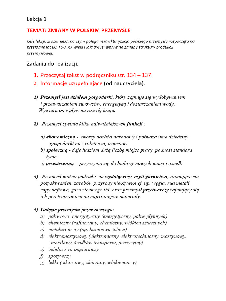 7 D - Lekcja 1 - Zmiany w polskim przemyśle | PDF
