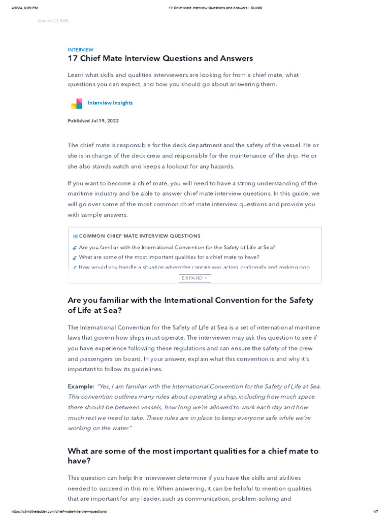 Chief Mate Interview Questions Guide | PDF | Sea Captain | Leadership