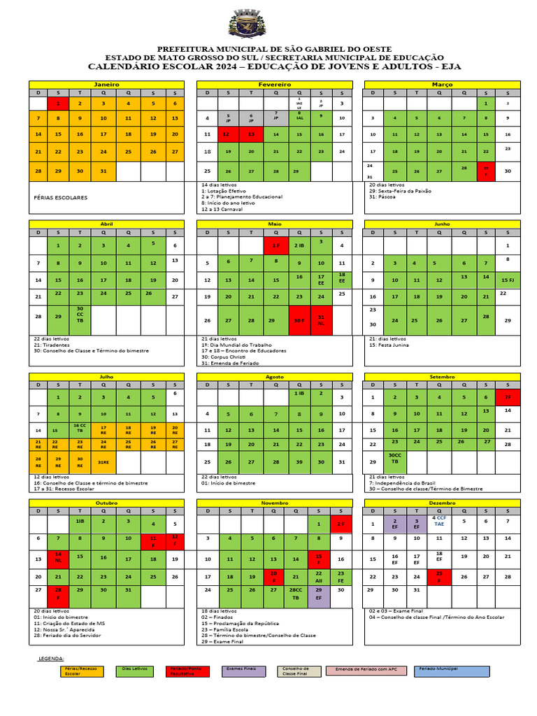 Calendário 2024 EJA PDF Comemorações Datas comemorativas