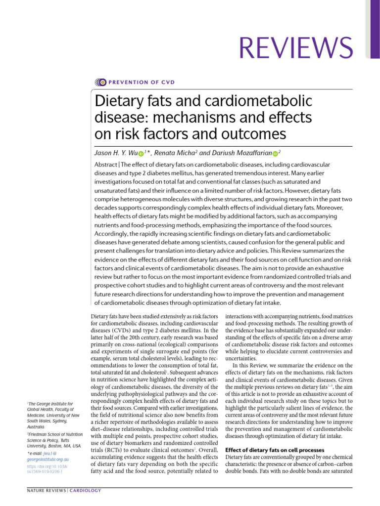 Dietary Fats and Cardiometabolic Disease Mechanisms and Effects On