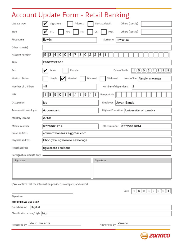 Retail Banking Account Update Form | PDF